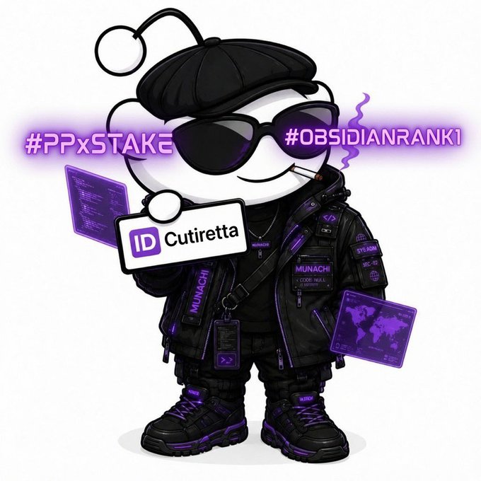 A cartoon mascot character with sunglasses and a beret wearing a black jacket with 'MUNACHI' patches, holding an ID card for 'Cutiretta' with hashtags #PPxSTAKE and #OBSIDIANRANK1.