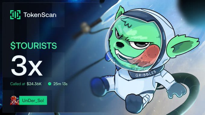 The image features a cartoon character dressed as an astronaut, wearing a white spacesuit with blue accents. The character appears to be floating in space or moving through a galaxy-like setting. In front of the character, there's text that reads "3x on $TOURISTS #memecoin #solana #memecoin100x". This suggests that the image is related to an advertisement for a cryptocurrency called Memecoin 100X, which could be used by tourists or travelers as a means of payment. The character and its surroundings are designed to catch the viewer's attention and promote the idea of using Memecoin 100X in their travels.