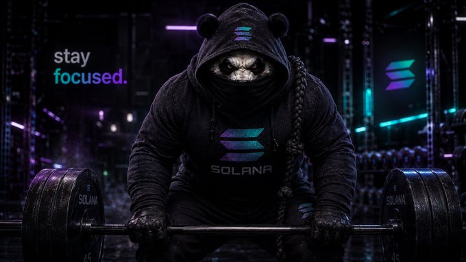 A promotional graphic featuring a figure in a panda hoodie lifting a barbell with Solana-branded weights, accompanied by the text 'stay focused.' and the Solana logo.