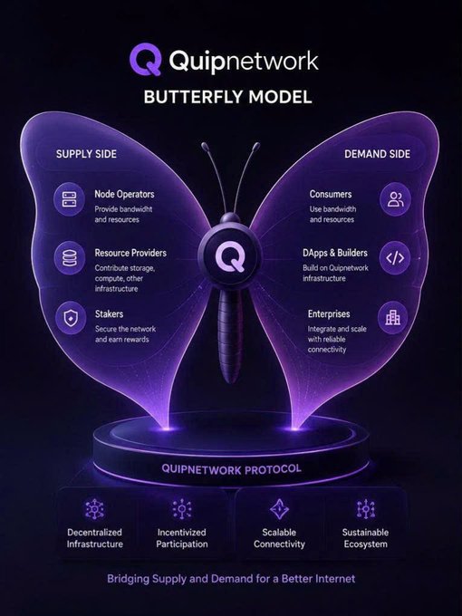 The image features a purple butterfly-shaped diagram that represents Quipnetwork's Butterfly Model. This model focuses on creating a complete decentralized ecosystem by connecting various stakeholders such as Node Operators, Stakers, Providers, Users, Developers, and Businesses in a network of trust and transparency. The butterfly symbolizes the idea of transformation and growth within this ecosystem, where each stakeholder plays an essential role in driving innovation and progress.