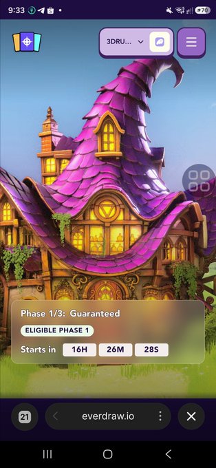 A mobile screenshot of everdraw.io showing a colorful, fairytale-style purple-roofed house with text reading 'Phase 1/3: Guaranteed', 'ELIGIBLE PHASE 1', and a countdown of 16H 26M 28S.