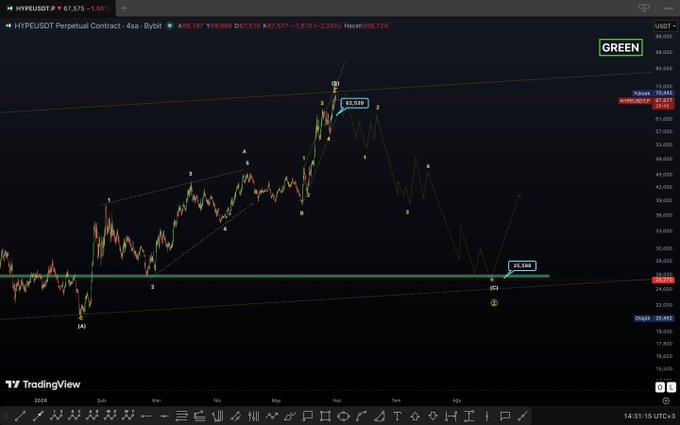 A TradingView chart of HYPEUSDT Perpetual Contract on a 4-hour timeframe displays an Elliott Wave analysis showing a peak near $63.539 labeled as wave 2, followed by a sharp decline toward the $20.49 support zone, visually illustrating the 30% drop referenced in the analyst's post.