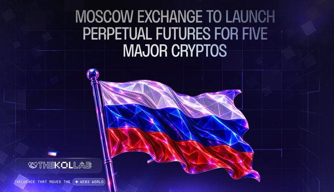 A news-style graphic with the headline 'MOSCOW EXCHANGE TO LAUNCH PERPETUAL FUTURES FOR FIVE MAJOR CRYPTOS' displayed over a polygonal, stylized Russian flag, with 'THE KOLLAB' and 'INFLUENCE THAT MOVES THE WEB3 WORLD' in the bottom left corner.