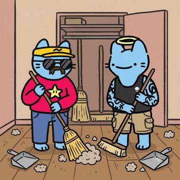 A cartoon image of two anthropomorphic cat characters sweeping a dusty room with brooms and dustpans.
