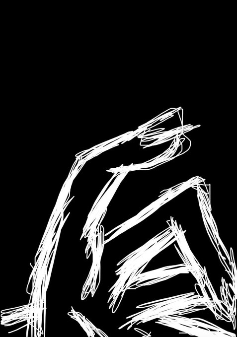 A rough white digital sketch on a black background depicts a stylized hand reaching upward, rendered with loose, scratchy lines that suggest fingers and a wrist. The minimalist, gestural drawing aligns with the post's description of a daily digital sketching exercise (day 208).