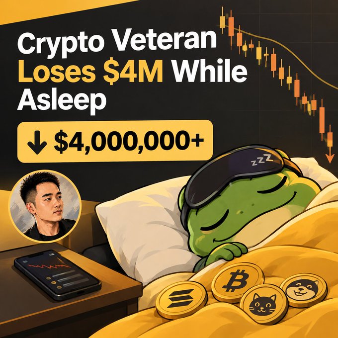 A YouTube-style thumbnail titled 'Crypto Veteran Loses $4M While Asleep' featuring a Pepe the Frog character sleeping with crypto coins including Bitcoin, Solana, and Dogecoin, alongside a stock chart showing a downward trend.