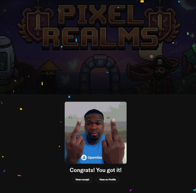 A pixel art game interface titled 'PIXEL REALMS' showing a congratulatory message 'Congrats! You got it!' with an OpenSea NFT image of a man giving the middle finger.