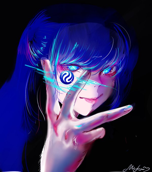 A digital anime-style illustration of a blue-haired female character with glowing blue eyes, touching her face with one hand, featuring a circular blue logo over one eye and cyan light streaks across her face.