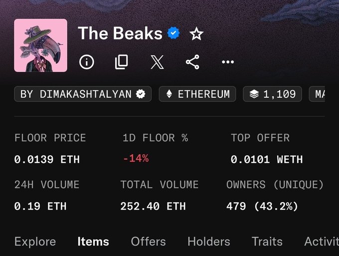This image displays the NFT project "The Beaks" by DIMAKASHTALYAN, showing its floor price, volume, and ownership statistics, which are crucial metrics for anyone considering investing in or building a project/collection in the NFT space.