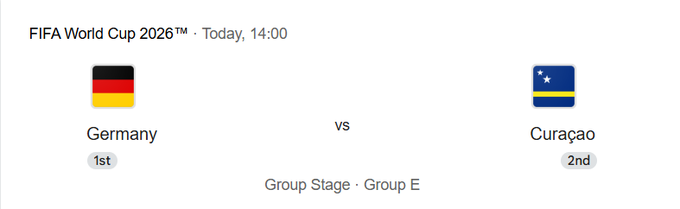 The image shows a scoreboard for the FIFA World Cup, with two teams' names displayed - Germany and Curapao. The text indicates that the game is taking place at 4:00 PM. The score of the match between these two teams is currently 1-0 in favor of Curapao.