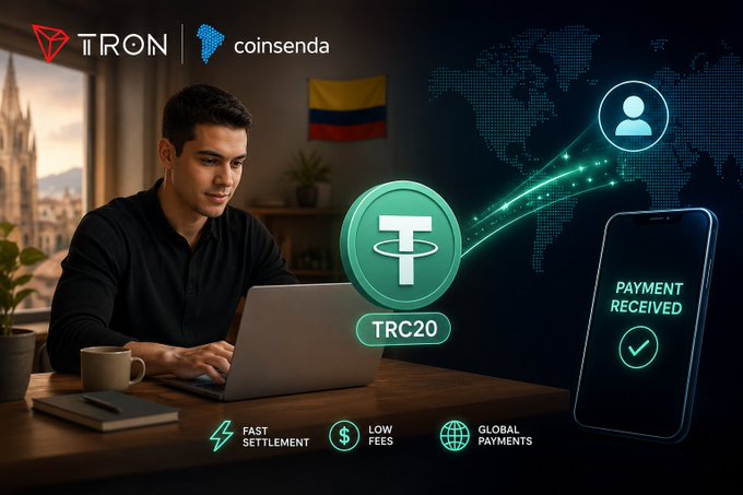 A promotional graphic for TRON (TRC20) and coinsenda features a man working on a laptop alongside a phone showing 'PAYMENT RECEIVED,' highlighting 'FAST SETTLEMENT,' 'LOW FEES,' and 'GLOBAL PAYMENTS.'