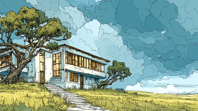 An illustrated anime/manga-style artwork depicting a modern white house with large windows, set in a grassy landscape with windswept trees and dramatic blue clouds in the sky.