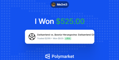 The main focus of the image is a post that shows an accomplishment, specifically a $525.00 win by someone at PolyMarket. The post also contains text providing details about this achievement - that they've won a trading competition with the trader who placed their bet on "Switzerland vs. Herzegovina", and they'll pay back those funds to the people who supported them during this victory. In addition, there's an image of a soccer ball placed at the bottom right corner of the post. The main content focuses on the victory itself, with details about how the winner secured their winnings by participating in a trading competition sponsored by PolyMarket.