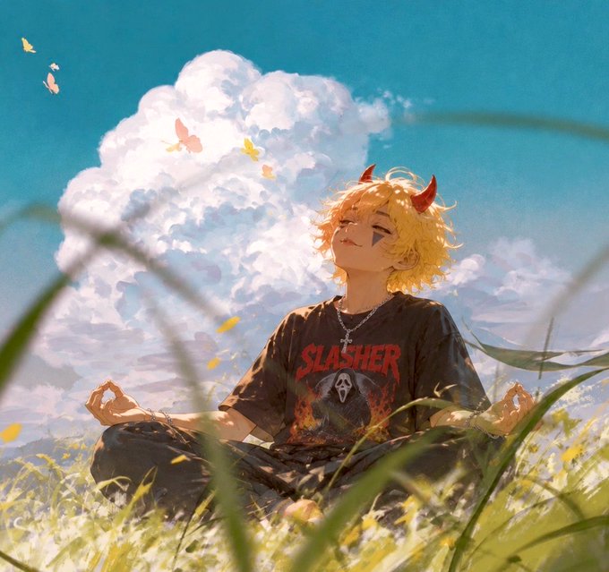 An anime-style illustration shows a blonde character with small red horns meditating peacefully in a grassy field, wearing a black 'SLASHER' t-shirt, with butterflies and a large fluffy cloud in the sky.