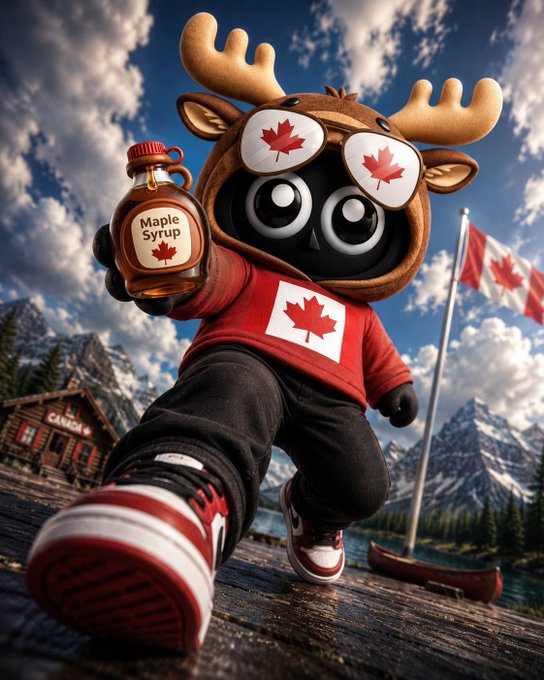 A chibi-style moose character wearing aviator goggles and a Canada hoodie proudly holds a bottle labeled "Maple Syrup" while standing in a mountainous Canadian landscape with a Canadian flag waving in the background. The image ties into the "Bullish on the YoukieVerse" post by using the moose mascot—Canada's iconic animal—as a playful symbol of bullish, maple-syrup-sweet optimism for the YoukieVerse's growth.