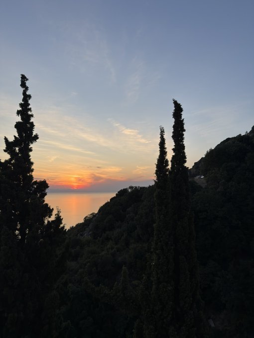 A scenic sunset view over a calm body of water, framed by the dark silhouettes of tall cypress trees in the foreground.
