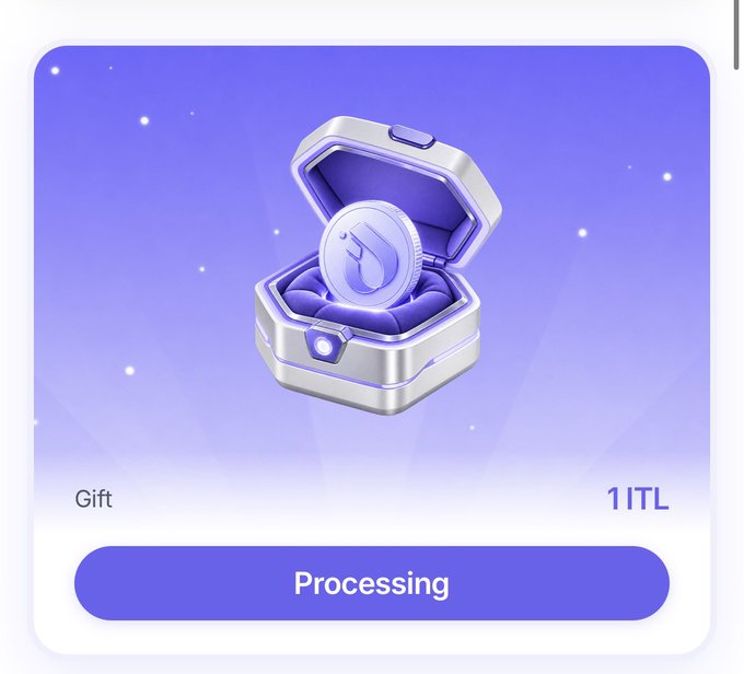 A digital gift interface displays an open futuristic chest containing a purple coin with a flame logo, labeled "Gift" for "1 ITL" with a "Processing" button. The image visually represents the distribution of the Interlink (ITL) token as a digital gift currently being processed.