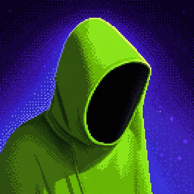 This pixelated image depicts a hooded figure in a neon green hoodie against a starry purple background, likely representing the launch of $PIXHOOD on Robinhood chain.