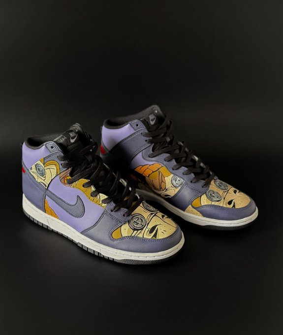 A pair of custom high-top sneakers in purple, yellow, and grey featuring cartoon character graphics and a Nike swoosh on the side.