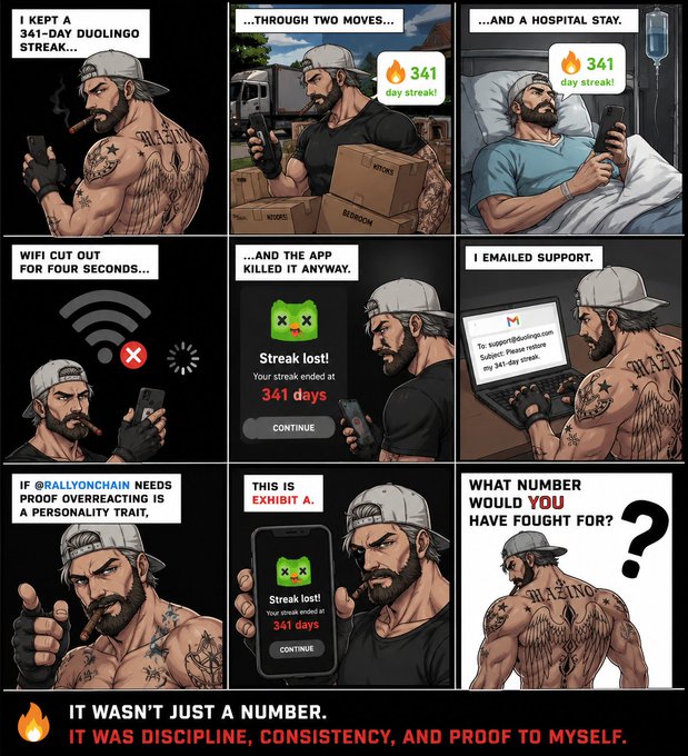 A nine-panel comic strip showing a tattooed, bearded man who maintained a 341-day Duolingo streak through two moves and a hospital stay, only for the app to kill his streak after a four-second WiFi outage, ending with the message 'IT WASN'T JUST A NUMBER. IT WAS DISCIPLINE, CONSISTENCY, AND PROOF TO MYSELF.'