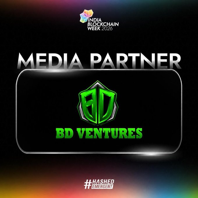 The image is a promotional graphic featuring a green hexagonal "BD" logo with the text "BD VENTURES" prominently displayed, declaring them as a "MEDIA PARTNER" for India Blockchain Week 2026 (IBW 2026). The #HashedEmergent hashtag appears at the bottom, visually confirming BD Ventures' role as an official media partner for this major Web3 event returning to Mumbai.