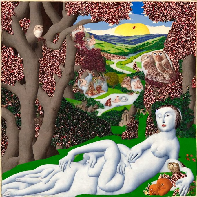The image features a painting of a white woman with her arms wrapped around another woman who has her legs wrapped around a cat, creating an illusion that they are all part of one body. The background depicts a lush green forest filled with trees and other animals such as birds and deer. The painting is titled "Fantasy Owls" and it was created by the artist @objktcom on 5/3/2021.