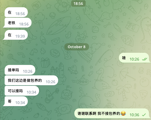 A WhatsApp chat screenshot in Chinese dated October 8, where a person asks '接单吗' (Are you taking orders) and another responds about offering packaging services, to which they reply '谢谢联系啊 我不接包养的😂' (Thanks for contacting, I don't do 'kept' relationships).
