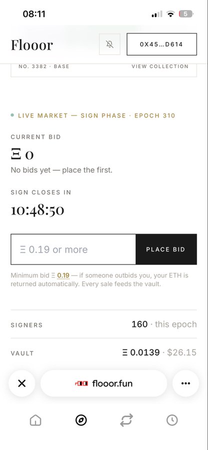 The image shows a mobile interface for the website flooor.fun, displaying an NFT auction for token "Flooorr" (No. 3382, Base) with a starting bid of Ξ0.19, a sign phase timer of 10:48:50 remaining, and a vault holding Ξ0.0139 ($26.15). This aligns with the post's promotion of flooor.fun as a place to buy NFTs (vrnouns) and contribute to a daily vault, illustrating the platform's bidding mechanics and vault accumulation system.
