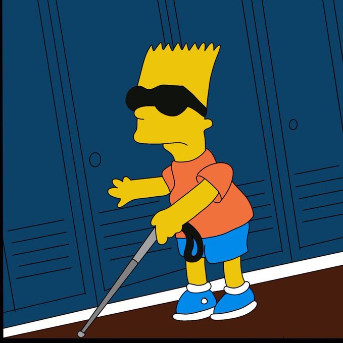 Bart Simpson wearing blacked-out sunglasses and using a white cane to "feel" his way along a wall, parodying blindness to portray the Solana KOLs willfully ignoring a genuinely great meme token simply because insiders don't hold a large enough supply. The imagery satirizes their selective "vision" — seeing profit only when early whales are involved, not the project's actual quality.