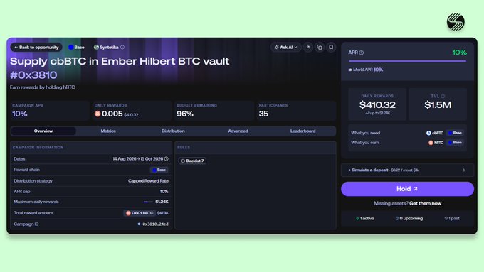 Screenshot of a cryptocurrency DeFi platform interface showing a 'Supply cbBTC in Ember Hilbert BTC vault' campaign with 10% APR, $410.32 daily rewards, and 96% budget remaining on a Base network.