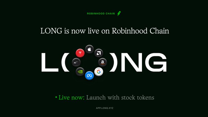 A dark promotional banner announces "LONG is now live on Robinhood Chain," featuring the stylized word "LONG" with social media and web platform icons forming the "O," alongside the text "Live now: Launch with stock tokens" and the URL app.long.xyz. The Robinhood Chain feather logo appears at the top, reinforcing the brand's new launchpad platform highlighted in the post.