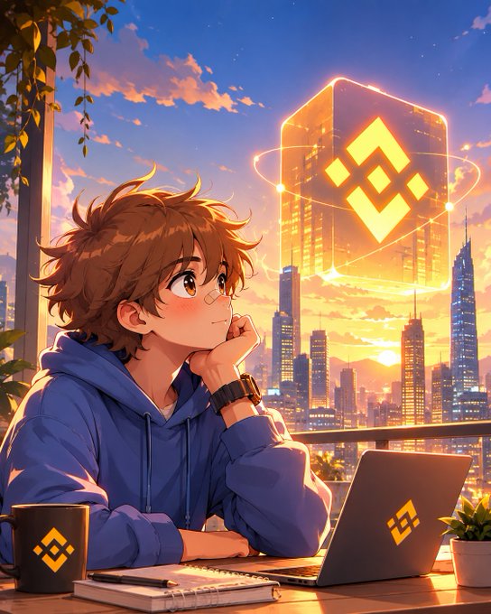 An anime-style illustration of a young boy with brown hair in a blue hoodie sitting at a desk with a laptop and mug featuring the Binance logo, looking up at a glowing Binance cube above a city skyline at sunset.