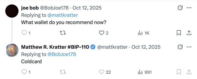 A Twitter/X exchange where user "joe bob" (@BobJoe178) asks "What wallet do you recommend now?" and "Matthew R. Kratter #BIP-110" (@mattkratter) replies "Coldcard".