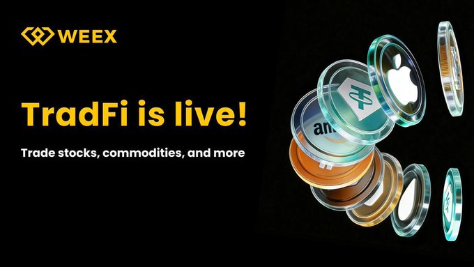 The image features a stack of coins with various designs, including an apple logo at the top. The text "TradFi is live!" is displayed above the coins, indicating that the coins are related to trading or investing in cryptocurrency. The image also includes a caption about the importance of focusing on what's in front and how it relates to the post.
