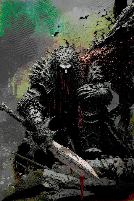 A dark, fantasy-style illustration of a cloaked, spiked figure holding a large bloody sword against a green and black background.