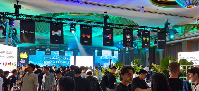 A bustling TOKEN2049 crypto conference with Hyperliquid banners hanging above a crowded networking hall, including "Hyperliquid" logos and a "Infrastructure for House All Finance" sign, capturing the speculative energy that the post's anecdote about a "degen" holding a meme coin through massive unrealized gains satirizes.