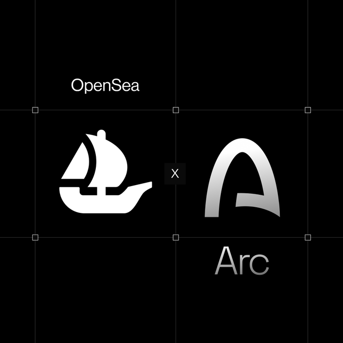 A black graphic displaying the text 'OpenSea x Arc' alongside their respective white logos, separated by a multiplication-style cross.