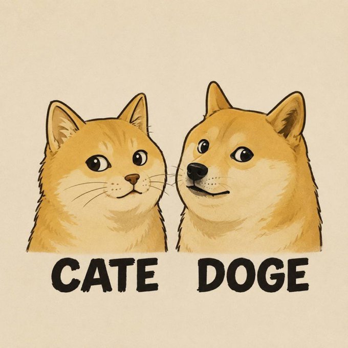 A cartoon-style illustration showing two doge characters side by side with the labels 'CATE' (left) and 'DOGE' (right) in bold black text beneath them.