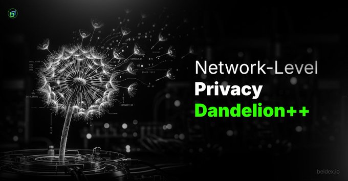A promotional graphic featuring a dandelion with the text "Network-Level Privacy Dandelion++" from beldex.io.