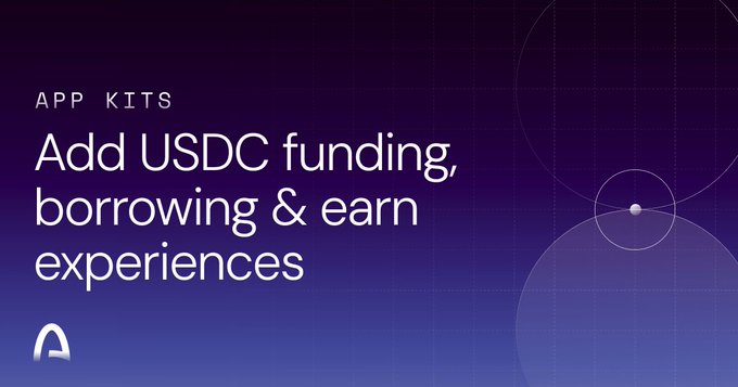 A purple and blue gradient graphic reads 'APP KITS' at the top left, with 'Add USDC funding, borrowing & earn experiences' displayed prominently, alongside the Avalanche logo.