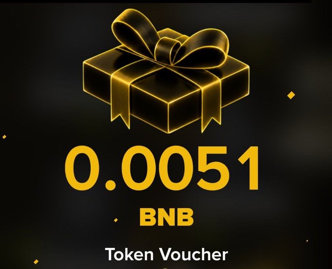 A digital token voucher graphic displaying '0.0051 BNB' in gold text beneath an illuminated gift box illustration on a dark background.
