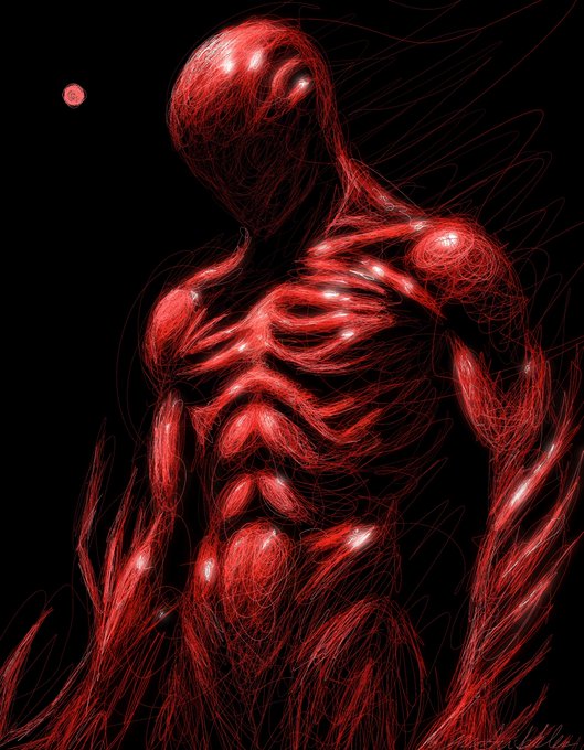 A striking red sketch of a humanoid figure with an exposed, muscular anatomy and a smooth, featureless head, set against a black background with a small red moon.
