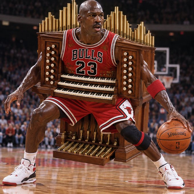 A digitally edited image of Michael Jordan in his Bulls #23 jersey playing basketball, with his torso replaced by a large wooden pipe organ featuring golden pipes and multiple keyboards.