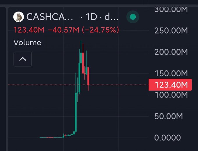 A trading chart showing the CASHCA token with a current price of 123.40M, down 40.57M (-24.75%) on the 1D timeframe, displaying a sharp price spike followed by a steep decline on a candlestick chart.