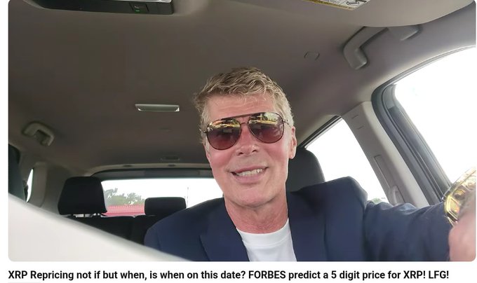 A man wearing sunglasses and a dark blazer sits in a car, smiling at the camera in what appears to be a YouTube video thumbnail. The caption references an XRP episode discussing a predicted 5-digit price from Forbes, matching the overlay text "XRP Repricing not if but when, is when on this date? FORBES predict a 5 digit price for XRP! LFG!"