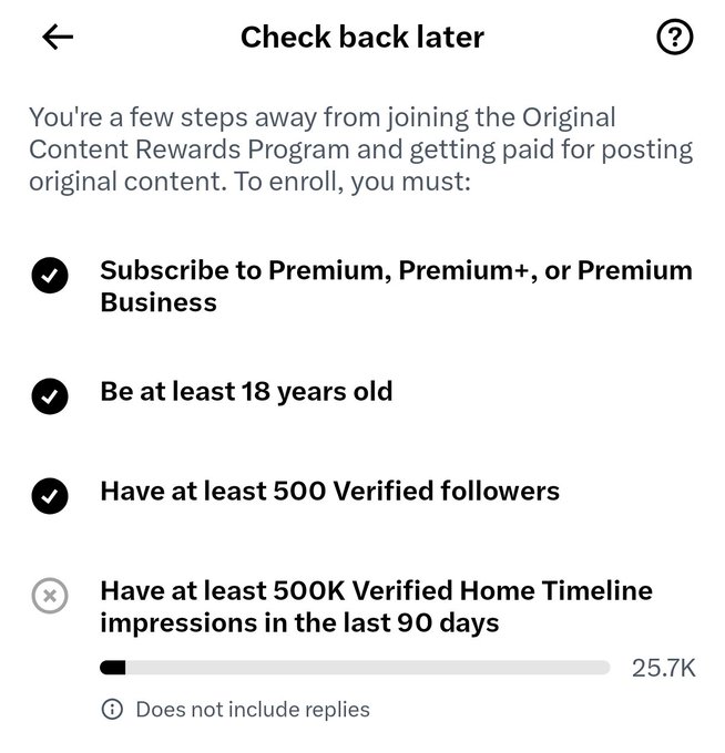 A Twitter/X settings screen titled 'Check back later' explaining requirements for the Original Content Rewards Program: subscribing to Premium, being 18+, having 500 verified followers (completed), and needing 500K verified home timeline impressions in the last 90 days (currently at 25.7K).