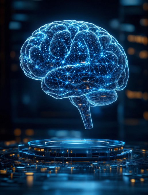 A glowing blue digital wireframe illustration of a human brain hovering above a futuristic circular platform, set against a dark technological background.