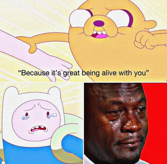 A meme featuring Jake the Dog from Adventure Time saying "Because it's great being alive with you" while holding Finn's hand, juxtaposed with panels of Finn crying and a real-life man with tears streaming down his face, evoking overwhelming emotional gratitude. The caption with "$MfT" likely ties the sentiment to a "famitree" community token, using the heartwarming moment to express appreciation to followers.