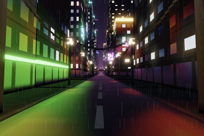 Stylized 3D rendering of a rainy cyberpunk city street at night, featuring tall buildings with glowing green, red, and yellow windows alongside neon streetlights.