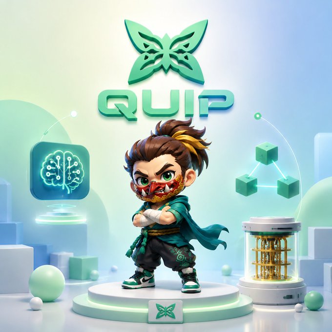 The image features a stylized 3D warrior character standing on a platform, with the "QUIP" logo and a butterfly emblem prominently displayed above, alongside floating icons representing a brain/AI and blockchain cubes, plus a quantum computing device. A small QUIP logo also appears on the platform base. The visual ties directly to the post by illustrating Quip Network's focus on quantum computing infrastructure, depicting the character as a futuristic warrior bridging traditional tech (AI, blockchain icons) with emerging quantum hardware (the cylindrical quantum device on the right).